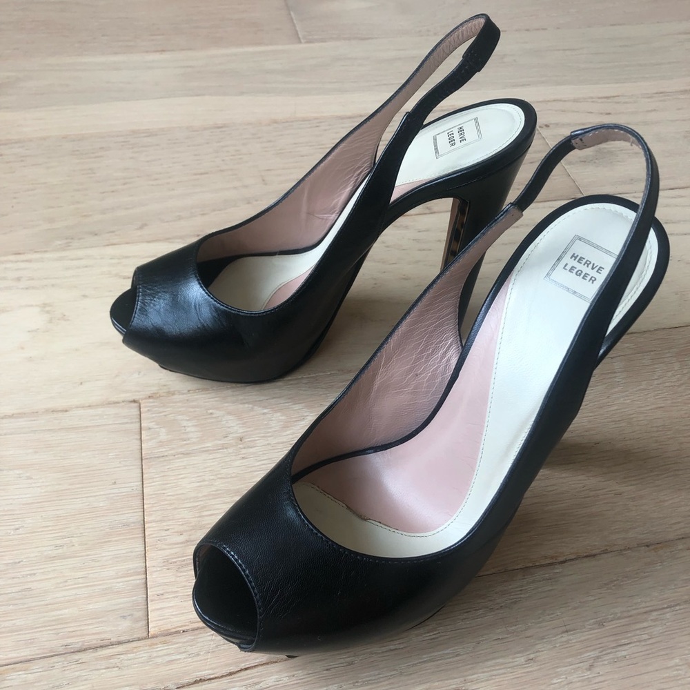 Herve Leger Black Peep-Toe Slingback Heels 38.5